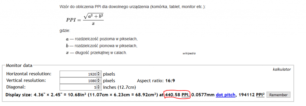 wzór na PPI z Wikipedii oraz wynik w kalkulatorze dla Galaxy S4 (5" FullHD)